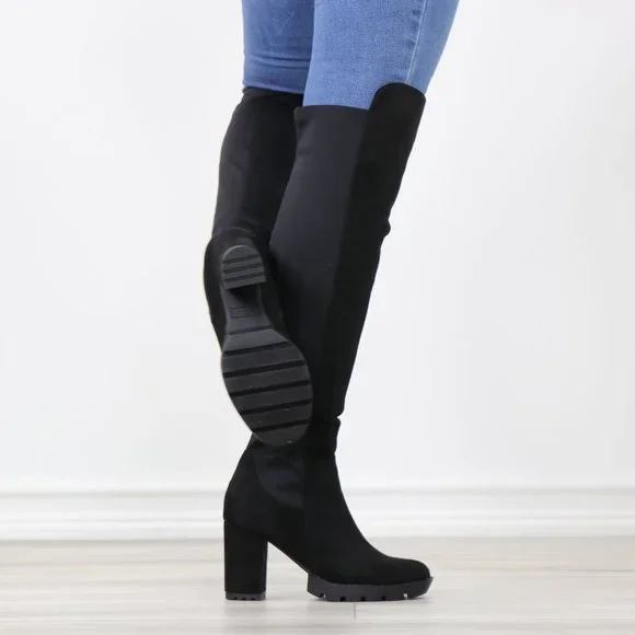 Black Thigh High Over The Knee Lug Block Heel Boots Faux Suede Round Toe - Picture 6 of 14